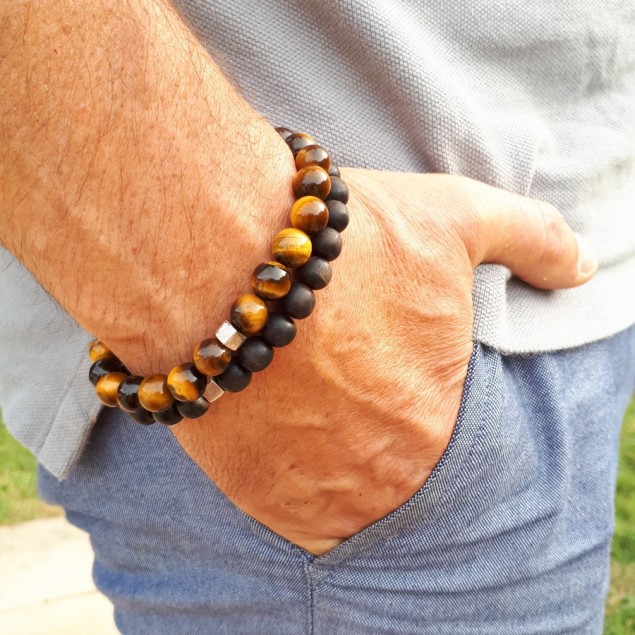 DUO - bracelets en perles pour homme - Bois d'ébène & Oeil de tigre