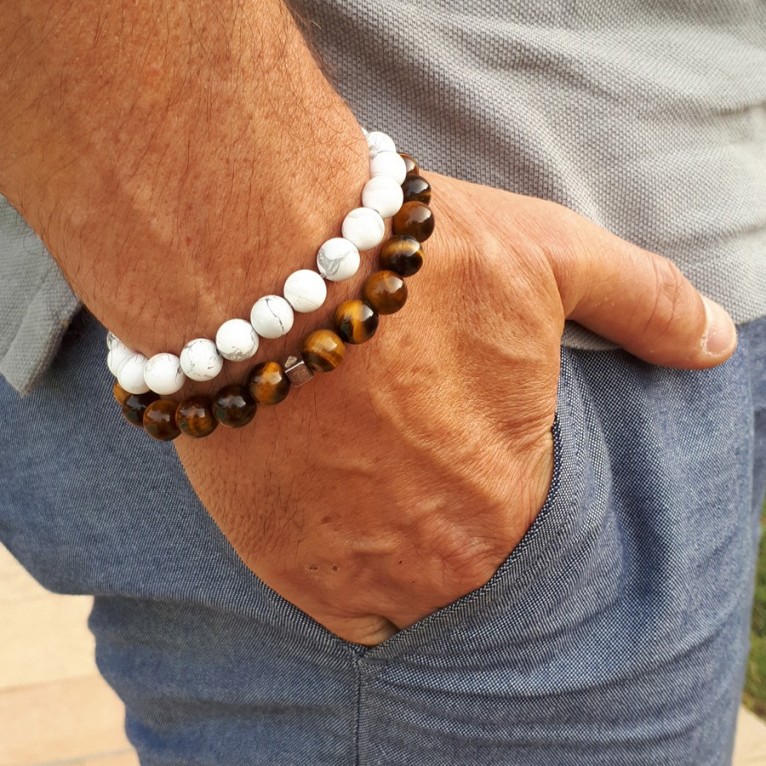 Bracelet perles homme cubes gravés - DUO