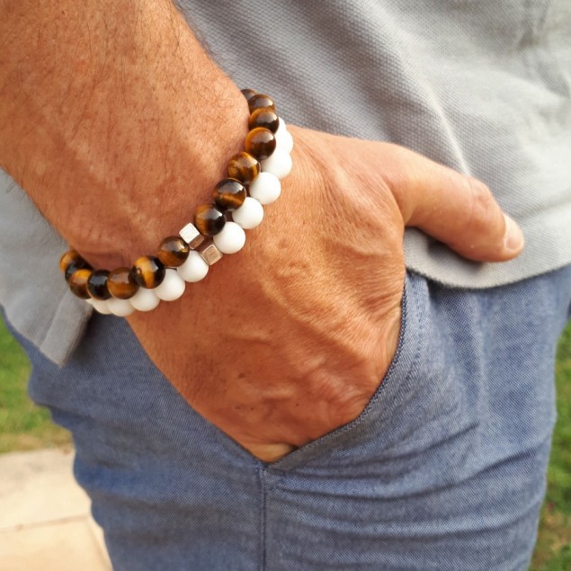 DUO - bracelets en perles pour homme - Agate blanche & Oeil de tigre