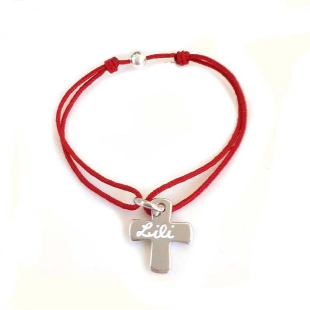 Bracelet cordon personnalisé croix gravée - Argent - 1ère communion & confirmation