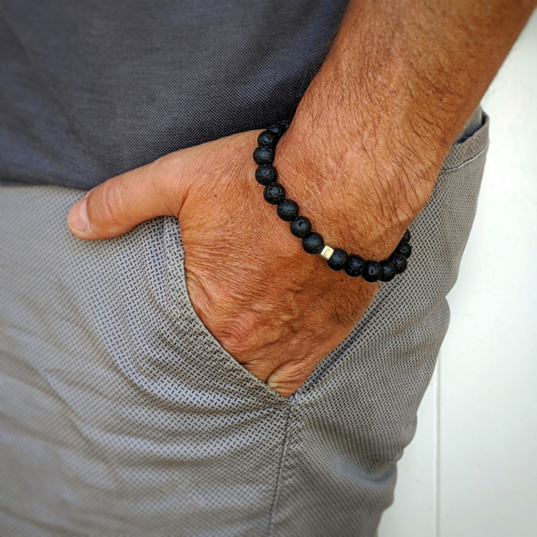 Bracelet homme pierre de lave & croix acier - Bijoux Créative Perles