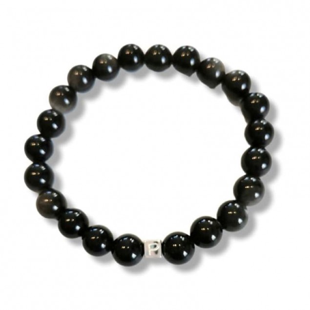 Bracelet perles obsidienne argentée homme - 1 à 4 cubes à personnaliser