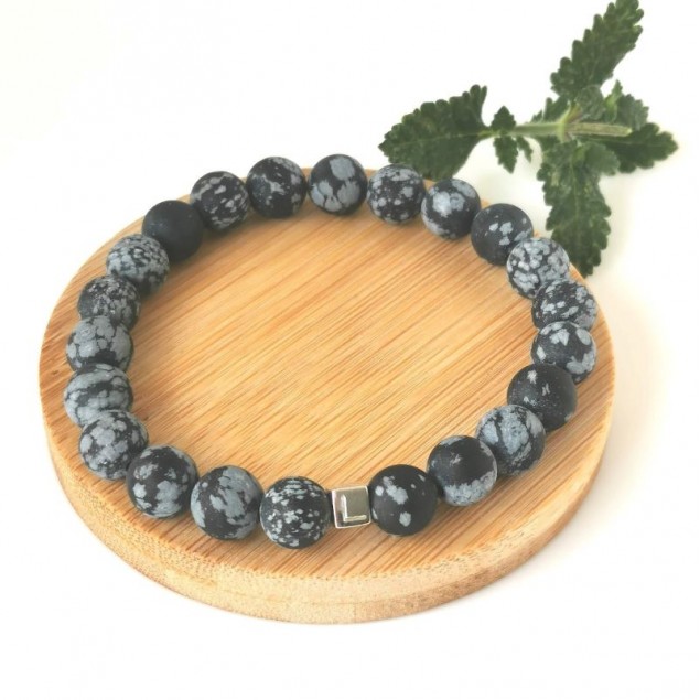 Bracelet perles obsidienne neige mate homme - 1 à 4 cubes à personnaliser