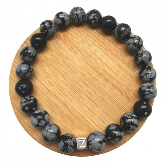 Bracelet  perles obsidienne des neiges homme - 1 à 4 cubes gravés - Bracelet Perle Homme