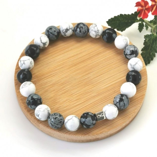 Bracelet perle howlite & obsidienne des neiges homme - 1 à 4 cubes à personnaliser - Bracelet Perle Homme