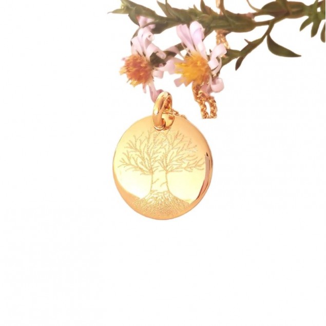 collier arbre de vie personnalisé gravée verso en médaille rond20 mm - Plaqué-or