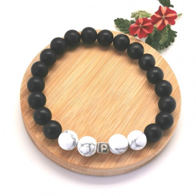 bracelet  perles femme agate noir &howlite personnalisé