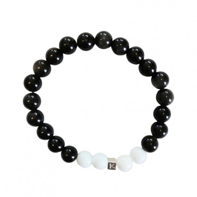 bracelet perles femme obsidienne argent & agate blanche