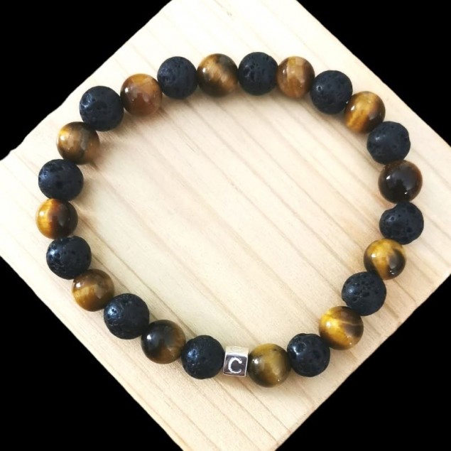 Bracelet perles mix Perle de lave noire  & Œil de tigre  personnalisable-1à 4 cubes gravés - Bracelet Perle Homme
