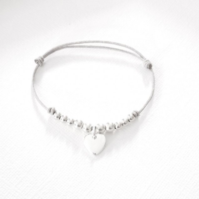 Bracelet cordon mini  coeur & perles personnalisé  initiale- Argent