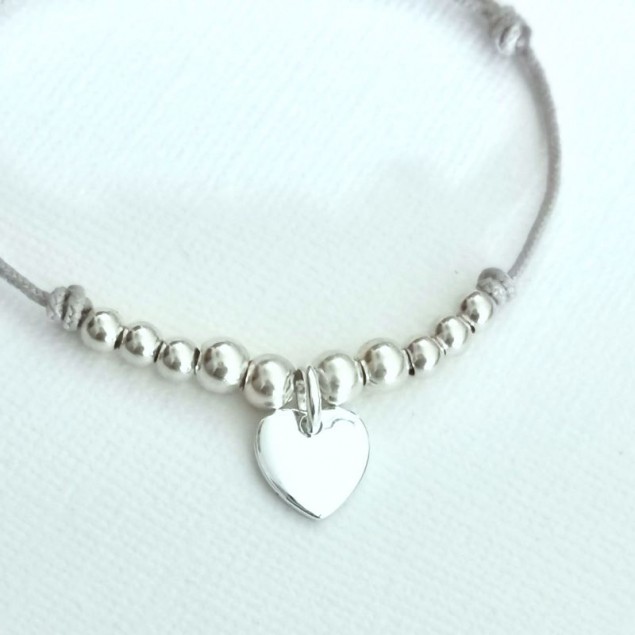 Bracelet cordon mini  cœur & 10 perles personnalisé  initiale- Argent - Bracelet Cordon personnalisé femme