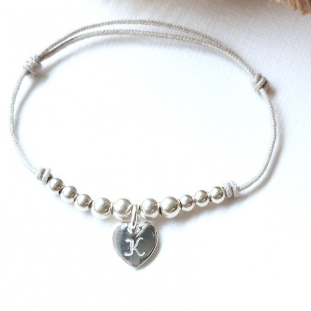 Bracelet cordon mini  coeur & perles personnalisé  initiale- Argent