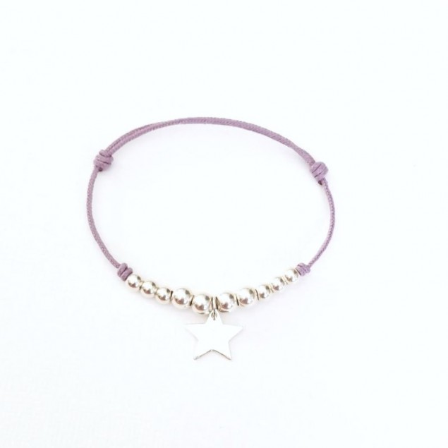 Bracelet cordon charms étoile & perles personnalisé - gravure 1 lettre -Argent