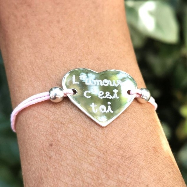 Bracelet cordon personnalisé grand cœur & perles - Argent - Toute la collection de bijoux gravés