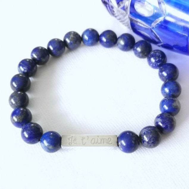 Bracelet perles lapis-lazuli  prénom personnalisé - Argent - Toute la collection de bijoux gravés