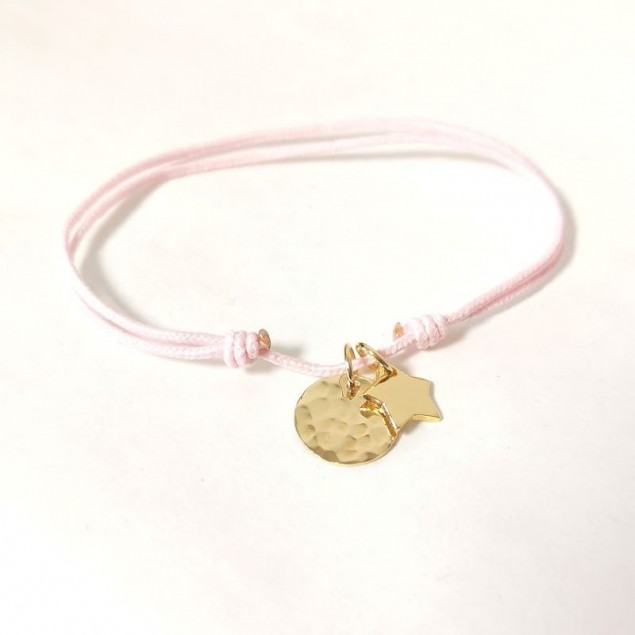 Bracelet cordon Personnalisé mini-médaille martelé & mini l'étoile  Gravure 1 lettre argent ou plaqué-or