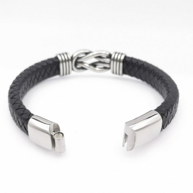 Bracelet cuir noir & boucle croisée en acier - Bracelet Cuir Homme Personnalisé