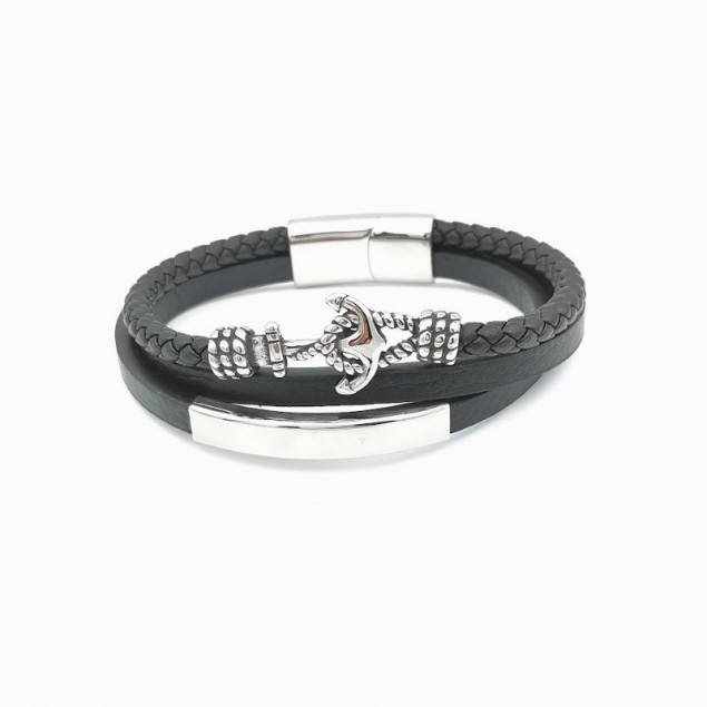Bracelet homme cuir triple  avec ancre marine & gourmette inox personnalisée - Bracelet Cuir Homme Personnalisé